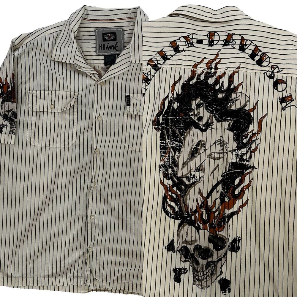 Harley Davidson 2010 Mens Button Up Embroidered Sz 2XL Girl Skull Motocycle Art